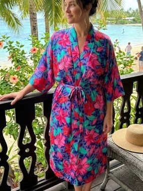 California Dynasty Vintage Floral Robe Vibrant Tropical Print Kimono Style Boho